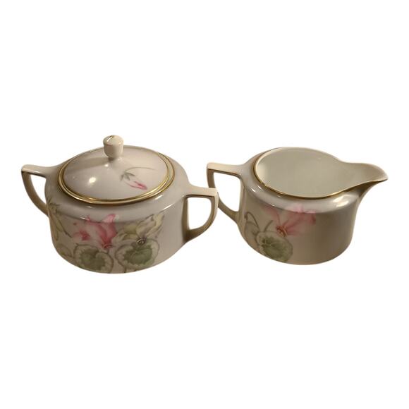 Tirschenreuth PT Gray Pink Flowers Creamer And Sugar Dish Gold Trim Hand Painted - Picture 1 of 12